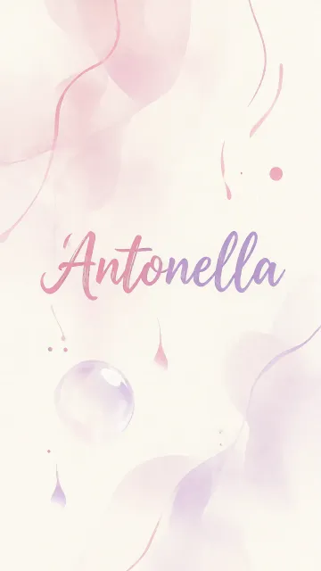 Antonella diseño 7 - Diseño abstracto en acuarela sobre fondo crema, con manchas fluidas y etéreas en rosa pastel y lila, líneas curvas que aportan movimiento, pequeñas gotas salpicadas cayendo verticalmente y una burbuja translúcida en la parte superior izquierda. El nombre resalta al centro con una tipografía cursiva amplia y elegante en degradado rosa a morado.