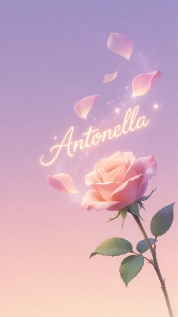 Antonella diseño 8 - Fondo de Pantalla con degradado suave que transiciona de lila en la parte superior a melocotón y rosa pastel en la base, destacando una rosa rosada hiperrealista con tallo y hojas verdes. El nombre brilla en tipografía cursiva con efecto neón cálido, adornado con pétalos cayendo y chispas de luz mágica.