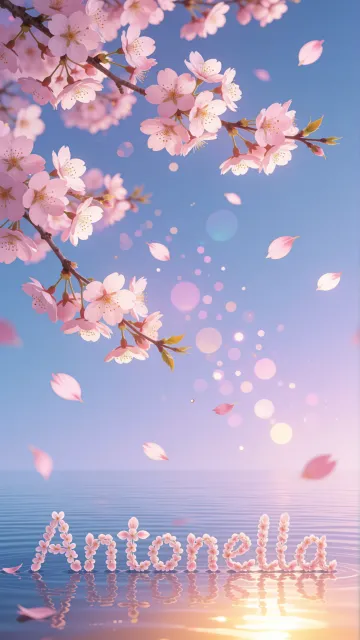 Antonella diseño 9 - Composición serena y onírica con ramas de cerezo en flor (sakura) en la parte superior contra un cielo en degradado de azul suave y lila. Pétalos de color rosa pastel flotan delicadamente en el aire cayendo hacia una superficie de agua tranquila y cristalina. En el centro inferior, el nombre está formado por pétalos de flores con un sutil efecto de relieve 3D y tipografía floral, reflejándose sobre el agua que está iluminada por un cálido destello dorado de luz solar en la esquina inferior derecha.