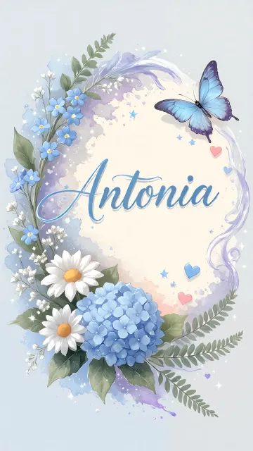 Antonia diseño 1 - Hortensias azules, flores pequeñas y acuarela suave con mariposas azules y brillo etéreo