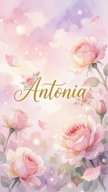 Antonia diseño 10 - Diseño estilo acuarela con un fondo etéreo y texturizado en nubes de tonos rosa pastel y lila suave. Presenta composiciones de rosas abiertas y capullos en los bordes inferior y superior, con pétalos cayendo delicadamente. Incorpora destellos de luz cálida (efecto bokeh) y, en el centro, resalta una tipografía elegante, cursiva y fluida en color dorado.