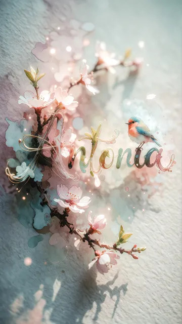 Antonia diseño 11 - Un delicado diseño de estilo acuarela digital que combina una tipografía de caligrafía personalizada para el nombre en tonos dorados y rosados suaves, adornada con pequeñas hojas y brotes. Un pajarito azul y naranja vibrante está posado en una de las letras. Todo está rodeado por un marco circular de ramas de cerezo en flor con delicadas flores rosadas y blancas. El fondo es un lavado de acuarela difuminado en tonos pastel suaves de azul cerceta, rosa rubor y melocotón sobre una textura de papel rugoso, con destellos luminosos y motas de luz bokeh flotando alrededor, creando una atmósfera mágica y soñadora. Las sombras suaves proyectadas añaden profundidad.
