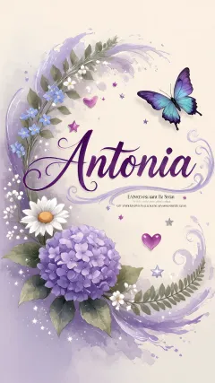 Antonia - Diseño elegante de hortensias en tonos lila y morados suaves, con volutas estilizadas y una mariposa mística que aporta un toque etéreo y mágico.
