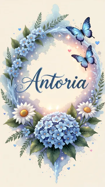 Antonia diseño 4 - Composición magica con nombre en letra cursiva azul, rodeado de hortensias azules, margaritas blancas y delicadas flores silvestres, enmarcado por suaves remolinos de agua, mariposas azules y destellos estelares sobre un fondo etéreo y romántico.