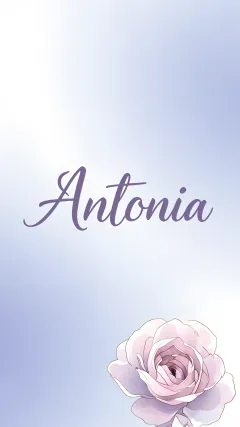 Antonia - Nombre en elegante tipografía cursiva caligráfica en tono lavanda, sobre fondo acuarela de cielo nublado en tonos pastel (azul, blanco, lavanda), decorado con rosa en acuarela de pétalos rosa pálido, blanco crema y lilas suaves con hojas en gris-verde.