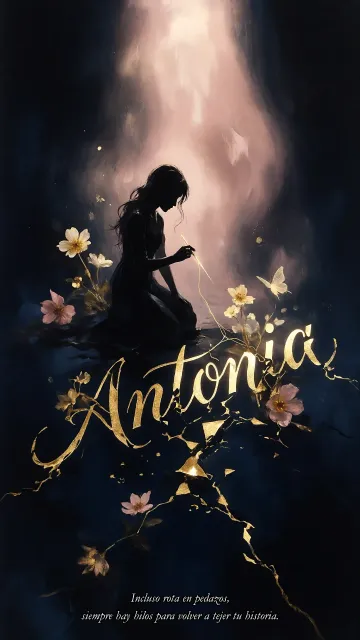 Antonia diseño 6 - Composición de ilustración semirrealista cinematográfica con silueta femenina tejiendo un hilo dorado de luz sobre un suelo oscuro fracturado al estilo Kintsugi, donde el nombre resalta en un prominente guión caligráfico dorado que emerge de las grietas, rodeado de flores blancas, mariposas y un fondo degradado de azules profundos iluminado por una luz celestial en tonos melocotón y crema, con una frase de aliento en tipografía blanca en la parte inferior.