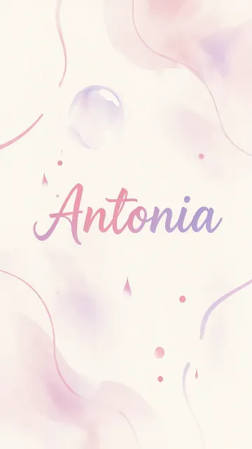 Antonia diseño 7 - Diseño abstracto en acuarela sobre fondo crema, con manchas fluidas y etéreas en rosa pastel y lila, líneas curvas que aportan movimiento, pequeñas gotas salpicadas cayendo verticalmente y una burbuja translúcida en la parte superior izquierda. El nombre resalta al centro con una tipografía cursiva amplia y elegante en degradado rosa a morado.