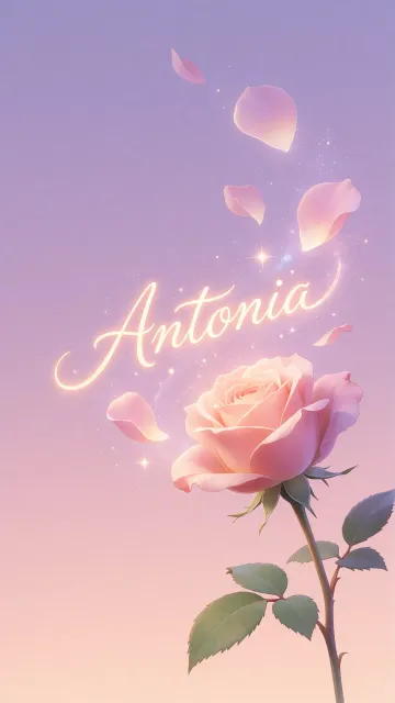 Antonia diseño 8 - Fondo de Pantalla con degradado suave que transiciona de lila en la parte superior a melocotón y rosa pastel en la base, destacando una rosa rosada hiperrealista con tallo y hojas verdes. El nombre brilla en tipografía cursiva con efecto neón cálido, adornado con pétalos cayendo y chispas de luz mágica.