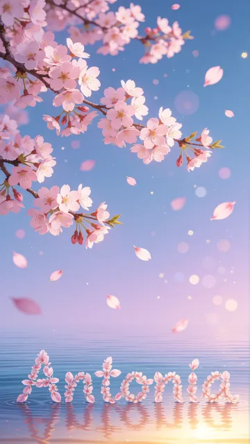Antonia diseño 9 - Composición serena y onírica con ramas de cerezo en flor (sakura) en la parte superior contra un cielo en degradado de azul suave y lila. Pétalos de color rosa pastel flotan delicadamente en el aire cayendo hacia una superficie de agua tranquila y cristalina. En el centro inferior, el nombre está formado por pétalos de flores con un sutil efecto de relieve 3D y tipografía floral, reflejándose sobre el agua que está iluminada por un cálido destello dorado de luz solar en la esquina inferior derecha.