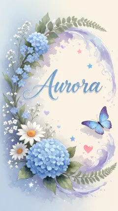 Aurora - Hortensias azules, flores pequeñas y acuarela suave con mariposas azules y brillo etéreo