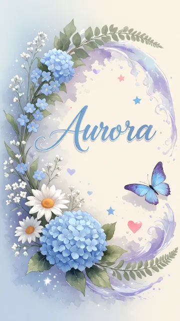 Aurora diseño 1 - Hortensias azules, flores pequeñas y acuarela suave con mariposas azules y brillo etéreo