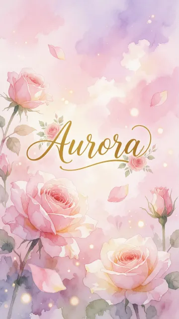 Aurora diseño 10 - Diseño estilo acuarela con un fondo etéreo y texturizado en nubes de tonos rosa pastel y lila suave. Presenta composiciones de rosas abiertas y capullos en los bordes inferior y superior, con pétalos cayendo delicadamente. Incorpora destellos de luz cálida (efecto bokeh) y, en el centro, resalta una tipografía elegante, cursiva y fluida en color dorado.