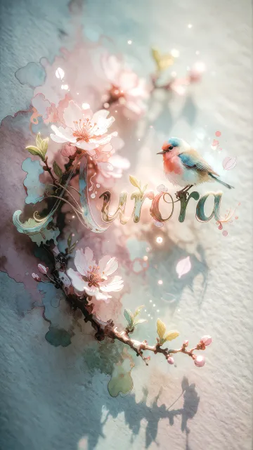 Aurora diseño 11 - Un delicado diseño de estilo acuarela digital que combina una tipografía de caligrafía personalizada para el nombre en tonos dorados y rosados suaves, adornada con pequeñas hojas y brotes. Un pajarito azul y naranja vibrante está posado en una de las letras. Todo está rodeado por un marco circular de ramas de cerezo en flor con delicadas flores rosadas y blancas. El fondo es un lavado de acuarela difuminado en tonos pastel suaves de azul cerceta, rosa rubor y melocotón sobre una textura de papel rugoso, con destellos luminosos y motas de luz bokeh flotando alrededor, creando una atmósfera mágica y soñadora. Las sombras suaves proyectadas añaden profundidad.