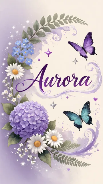 Aurora diseño 2 - Diseño elegante de hortensias en tonos lila y morados suaves, con volutas estilizadas y una mariposa mística que aporta un toque etéreo y mágico.
