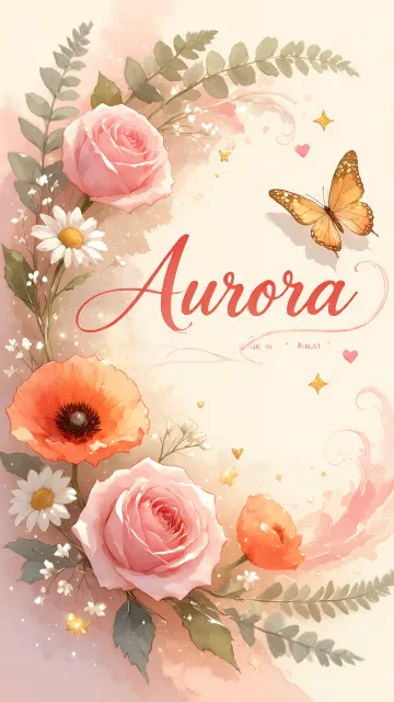 Aurora diseño 3 - Elegante composición de rosas rosadas y amapolas naranjas con mariposas doradas brillantes sobre un fondo cálido, romántico y mágico.
