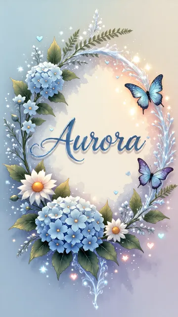 Aurora diseño 4 - Composición magica con nombre en letra cursiva azul, rodeado de hortensias azules, margaritas blancas y delicadas flores silvestres, enmarcado por suaves remolinos de agua, mariposas azules y destellos estelares sobre un fondo etéreo y romántico.