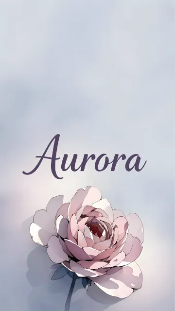 Aurora diseño 5 - Nombre en elegante tipografía cursiva caligráfica en tono lavanda, sobre fondo acuarela de cielo nublado en tonos pastel (azul, blanco, lavanda), decorado con rosa en acuarela de pétalos rosa pálido, blanco crema y lilas suaves con hojas en gris-verde.
