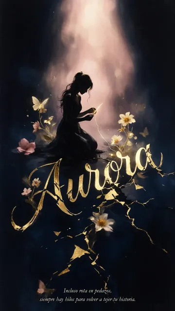Aurora diseño 6 - Composición de ilustración semirrealista cinematográfica con silueta femenina tejiendo un hilo dorado de luz sobre un suelo oscuro fracturado al estilo Kintsugi, donde el nombre resalta en un prominente guión caligráfico dorado que emerge de las grietas, rodeado de flores blancas, mariposas y un fondo degradado de azules profundos iluminado por una luz celestial en tonos melocotón y crema, con una frase de aliento en tipografía blanca en la parte inferior.