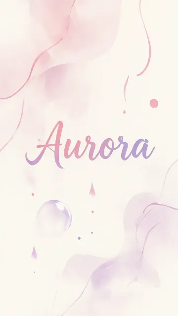 Aurora diseño 7 - Diseño abstracto en acuarela sobre fondo crema, con manchas fluidas y etéreas en rosa pastel y lila, líneas curvas que aportan movimiento, pequeñas gotas salpicadas cayendo verticalmente y una burbuja translúcida en la parte superior izquierda. El nombre resalta al centro con una tipografía cursiva amplia y elegante en degradado rosa a morado.