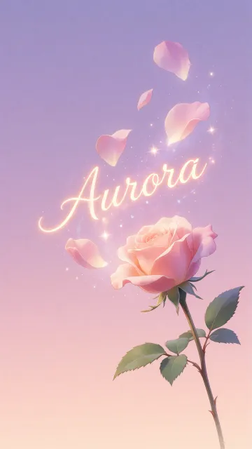 Aurora diseño 8 - Fondo de Pantalla con degradado suave que transiciona de lila en la parte superior a melocotón y rosa pastel en la base, destacando una rosa rosada hiperrealista con tallo y hojas verdes. El nombre brilla en tipografía cursiva con efecto neón cálido, adornado con pétalos cayendo y chispas de luz mágica.