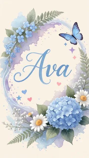 Ava diseño 1 - Hortensias azules, flores pequeñas y acuarela suave con mariposas azules y brillo etéreo