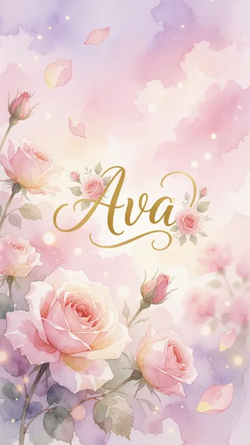 Ava diseño 10 - Diseño estilo acuarela con un fondo etéreo y texturizado en nubes de tonos rosa pastel y lila suave. Presenta composiciones de rosas abiertas y capullos en los bordes inferior y superior, con pétalos cayendo delicadamente. Incorpora destellos de luz cálida (efecto bokeh) y, en el centro, resalta una tipografía elegante, cursiva y fluida en color dorado.