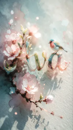 Ava - Un delicado diseño de estilo acuarela digital que combina una tipografía de caligrafía personalizada para el nombre en tonos dorados y rosados suaves, adornada con pequeñas hojas y brotes. Un pajarito azul y naranja vibrante está posado en una de las letras. Todo está rodeado por un marco circular de ramas de cerezo en flor con delicadas flores rosadas y blancas. El fondo es un lavado de acuarela difuminado en tonos pastel suaves de azul cerceta, rosa rubor y melocotón sobre una textura de papel rugoso, con destellos luminosos y motas de luz bokeh flotando alrededor, creando una atmósfera mágica y soñadora. Las sombras suaves proyectadas añaden profundidad.
