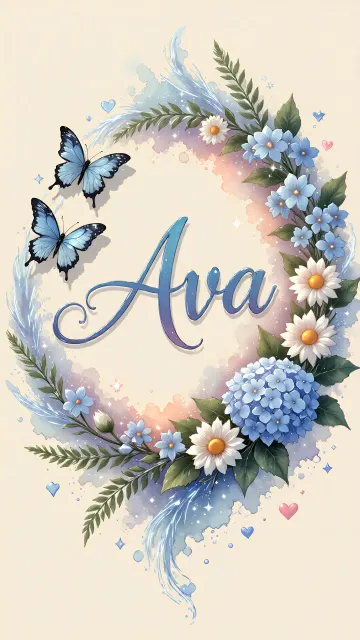 Ava diseño 4 - Composición magica con nombre en letra cursiva azul, rodeado de hortensias azules, margaritas blancas y delicadas flores silvestres, enmarcado por suaves remolinos de agua, mariposas azules y destellos estelares sobre un fondo etéreo y romántico.
