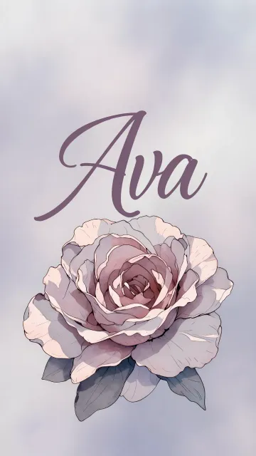 Ava diseño 5 - Nombre en elegante tipografía cursiva caligráfica en tono lavanda, sobre fondo acuarela de cielo nublado en tonos pastel (azul, blanco, lavanda), decorado con rosa en acuarela de pétalos rosa pálido, blanco crema y lilas suaves con hojas en gris-verde.
