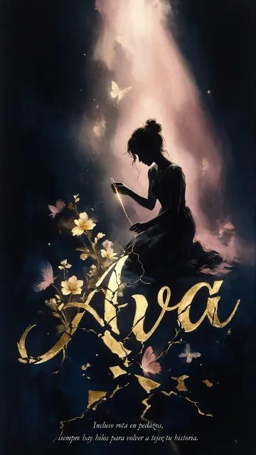 Ava diseño 6 - Composición de ilustración semirrealista cinematográfica con silueta femenina tejiendo un hilo dorado de luz sobre un suelo oscuro fracturado al estilo Kintsugi, donde el nombre resalta en un prominente guión caligráfico dorado que emerge de las grietas, rodeado de flores blancas, mariposas y un fondo degradado de azules profundos iluminado por una luz celestial en tonos melocotón y crema, con una frase de aliento en tipografía blanca en la parte inferior.