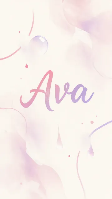 Ava diseño 7 - Diseño abstracto en acuarela sobre fondo crema, con manchas fluidas y etéreas en rosa pastel y lila, líneas curvas que aportan movimiento, pequeñas gotas salpicadas cayendo verticalmente y una burbuja translúcida en la parte superior izquierda. El nombre resalta al centro con una tipografía cursiva amplia y elegante en degradado rosa a morado.