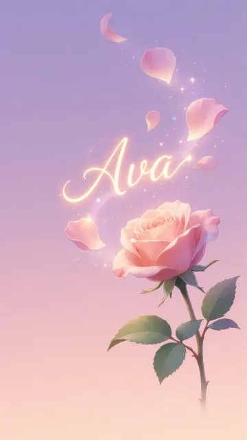 Ava diseño 8 - Fondo de Pantalla con degradado suave que transiciona de lila en la parte superior a melocotón y rosa pastel en la base, destacando una rosa rosada hiperrealista con tallo y hojas verdes. El nombre brilla en tipografía cursiva con efecto neón cálido, adornado con pétalos cayendo y chispas de luz mágica.