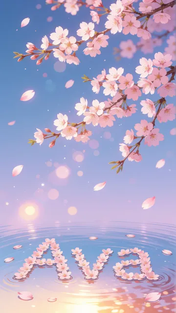Ava diseño 9 - Composición serena y onírica con ramas de cerezo en flor (sakura) en la parte superior contra un cielo en degradado de azul suave y lila. Pétalos de color rosa pastel flotan delicadamente en el aire cayendo hacia una superficie de agua tranquila y cristalina. En el centro inferior, el nombre está formado por pétalos de flores con un sutil efecto de relieve 3D y tipografía floral, reflejándose sobre el agua que está iluminada por un cálido destello dorado de luz solar en la esquina inferior derecha.