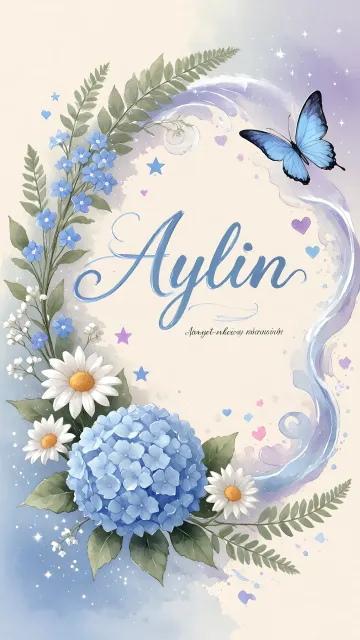 Aylin diseño 1 - Hortensias azules, flores pequeñas y acuarela suave con mariposas azules y brillo etéreo