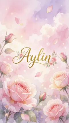 Aylin - Diseño estilo acuarela con un fondo etéreo y texturizado en nubes de tonos rosa pastel y lila suave. Presenta composiciones de rosas abiertas y capullos en los bordes inferior y superior, con pétalos cayendo delicadamente. Incorpora destellos de luz cálida (efecto bokeh) y, en el centro, resalta una tipografía elegante, cursiva y fluida en color dorado.