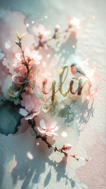 Aylin diseño 11 - Un delicado diseño de estilo acuarela digital que combina una tipografía de caligrafía personalizada para el nombre en tonos dorados y rosados suaves, adornada con pequeñas hojas y brotes. Un pajarito azul y naranja vibrante está posado en una de las letras. Todo está rodeado por un marco circular de ramas de cerezo en flor con delicadas flores rosadas y blancas. El fondo es un lavado de acuarela difuminado en tonos pastel suaves de azul cerceta, rosa rubor y melocotón sobre una textura de papel rugoso, con destellos luminosos y motas de luz bokeh flotando alrededor, creando una atmósfera mágica y soñadora. Las sombras suaves proyectadas añaden profundidad.