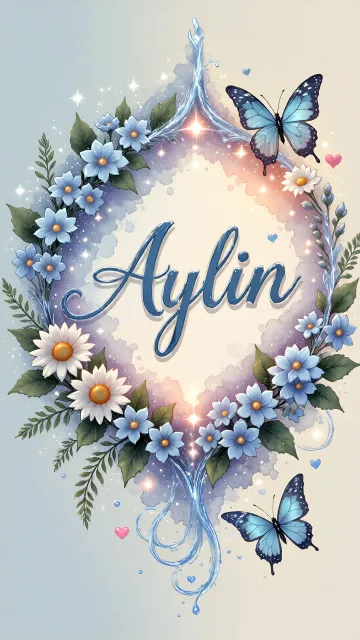 Aylin diseño 4 - Composición magica con nombre en letra cursiva azul, rodeado de hortensias azules, margaritas blancas y delicadas flores silvestres, enmarcado por suaves remolinos de agua, mariposas azules y destellos estelares sobre un fondo etéreo y romántico.