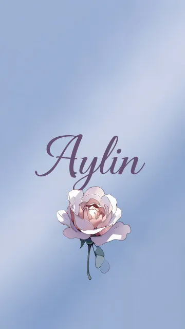 Aylin diseño 5 - Nombre en elegante tipografía cursiva caligráfica en tono lavanda, sobre fondo acuarela de cielo nublado en tonos pastel (azul, blanco, lavanda), decorado con rosa en acuarela de pétalos rosa pálido, blanco crema y lilas suaves con hojas en gris-verde.