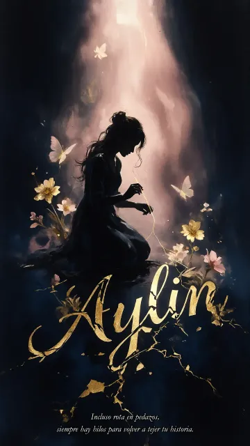 Aylin diseño 6 - Composición de ilustración semirrealista cinematográfica con silueta femenina tejiendo un hilo dorado de luz sobre un suelo oscuro fracturado al estilo Kintsugi, donde el nombre resalta en un prominente guión caligráfico dorado que emerge de las grietas, rodeado de flores blancas, mariposas y un fondo degradado de azules profundos iluminado por una luz celestial en tonos melocotón y crema, con una frase de aliento en tipografía blanca en la parte inferior.
