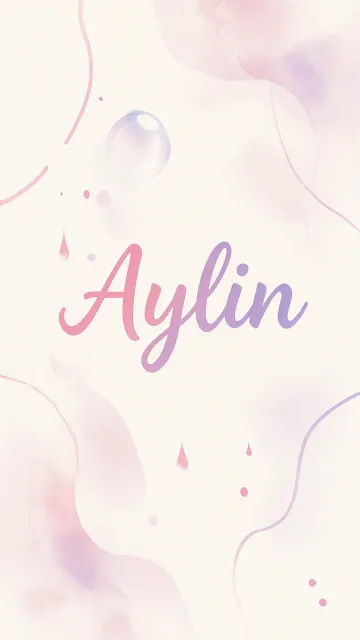 Aylin diseño 7 - Diseño abstracto en acuarela sobre fondo crema, con manchas fluidas y etéreas en rosa pastel y lila, líneas curvas que aportan movimiento, pequeñas gotas salpicadas cayendo verticalmente y una burbuja translúcida en la parte superior izquierda. El nombre resalta al centro con una tipografía cursiva amplia y elegante en degradado rosa a morado.