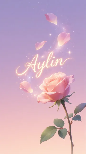 Aylin diseño 8 - Fondo de Pantalla con degradado suave que transiciona de lila en la parte superior a melocotón y rosa pastel en la base, destacando una rosa rosada hiperrealista con tallo y hojas verdes. El nombre brilla en tipografía cursiva con efecto neón cálido, adornado con pétalos cayendo y chispas de luz mágica.