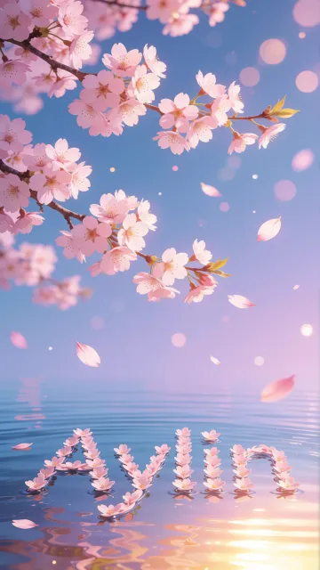 Aylin diseño 9 - Composición serena y onírica con ramas de cerezo en flor (sakura) en la parte superior contra un cielo en degradado de azul suave y lila. Pétalos de color rosa pastel flotan delicadamente en el aire cayendo hacia una superficie de agua tranquila y cristalina. En el centro inferior, el nombre está formado por pétalos de flores con un sutil efecto de relieve 3D y tipografía floral, reflejándose sobre el agua que está iluminada por un cálido destello dorado de luz solar en la esquina inferior derecha.