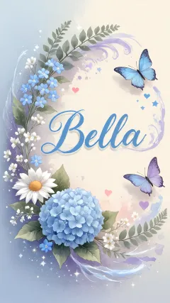 Bella - Hortensias azules, flores pequeñas y acuarela suave con mariposas azules y brillo etéreo