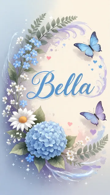 Bella diseño 1 - Hortensias azules, flores pequeñas y acuarela suave con mariposas azules y brillo etéreo