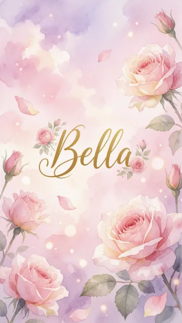 Bella diseño 10 - Diseño estilo acuarela con un fondo etéreo y texturizado en nubes de tonos rosa pastel y lila suave. Presenta composiciones de rosas abiertas y capullos en los bordes inferior y superior, con pétalos cayendo delicadamente. Incorpora destellos de luz cálida (efecto bokeh) y, en el centro, resalta una tipografía elegante, cursiva y fluida en color dorado.