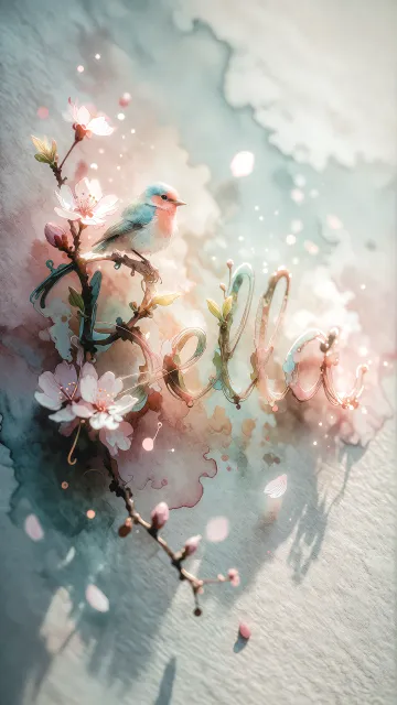 Bella diseño 11 - Un delicado diseño de estilo acuarela digital que combina una tipografía de caligrafía personalizada para el nombre en tonos dorados y rosados suaves, adornada con pequeñas hojas y brotes. Un pajarito azul y naranja vibrante está posado en una de las letras. Todo está rodeado por un marco circular de ramas de cerezo en flor con delicadas flores rosadas y blancas. El fondo es un lavado de acuarela difuminado en tonos pastel suaves de azul cerceta, rosa rubor y melocotón sobre una textura de papel rugoso, con destellos luminosos y motas de luz bokeh flotando alrededor, creando una atmósfera mágica y soñadora. Las sombras suaves proyectadas añaden profundidad.
