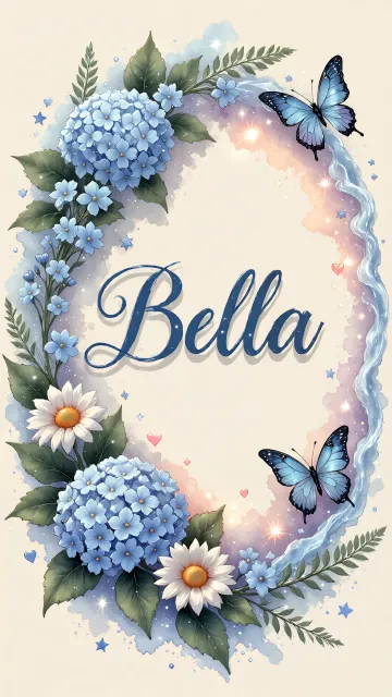Bella diseño 4 - Composición magica con nombre en letra cursiva azul, rodeado de hortensias azules, margaritas blancas y delicadas flores silvestres, enmarcado por suaves remolinos de agua, mariposas azules y destellos estelares sobre un fondo etéreo y romántico.