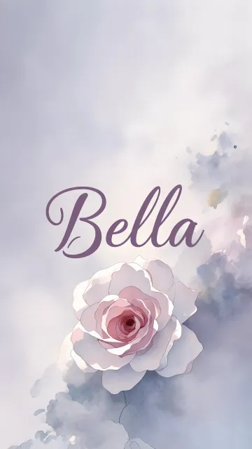 Bella diseño 5 - Nombre en elegante tipografía cursiva caligráfica en tono lavanda, sobre fondo acuarela de cielo nublado en tonos pastel (azul, blanco, lavanda), decorado con rosa en acuarela de pétalos rosa pálido, blanco crema y lilas suaves con hojas en gris-verde.