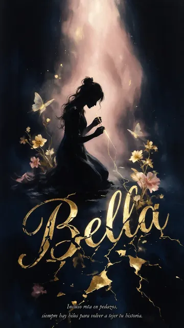 Bella diseño 6 - Composición de ilustración semirrealista cinematográfica con silueta femenina tejiendo un hilo dorado de luz sobre un suelo oscuro fracturado al estilo Kintsugi, donde el nombre resalta en un prominente guión caligráfico dorado que emerge de las grietas, rodeado de flores blancas, mariposas y un fondo degradado de azules profundos iluminado por una luz celestial en tonos melocotón y crema, con una frase de aliento en tipografía blanca en la parte inferior.