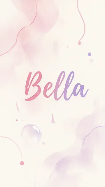 Bella diseño 7 - Diseño abstracto en acuarela sobre fondo crema, con manchas fluidas y etéreas en rosa pastel y lila, líneas curvas que aportan movimiento, pequeñas gotas salpicadas cayendo verticalmente y una burbuja translúcida en la parte superior izquierda. El nombre resalta al centro con una tipografía cursiva amplia y elegante en degradado rosa a morado.